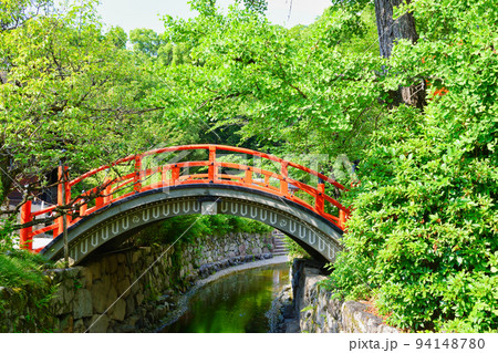 京都 下鴨神社 御手洗川と赤い橋 京都 下鴨神社 御手洗川と赤い橋 94148780