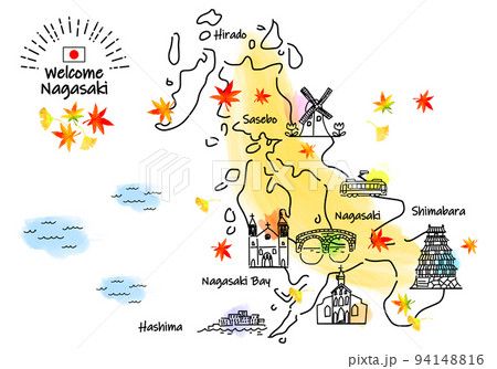 秋の長崎の観光地シンプル線画イラストマップ 94148816