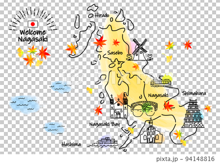 秋の長崎の観光地シンプル線画イラストマップ 94148816