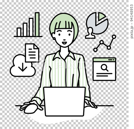 一位身穿襯衫的女士坐在辦公桌前，打開電腦進行研究、分析數據和編制報告 94148953