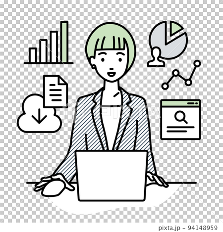 A woman in a suit sitting at a desk, opening a PC for research, analyzing data and compiling reports A woman in a suit sitting at a desk, opening a PC for research, analyzing data and compiling reports 94148959