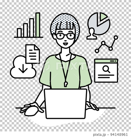 A female teacher sitting at a desk, opening a PC for research, analyzing data and compiling reports A female teacher sitting at a desk, opening a PC for research, analyzing data and compiling reports 94148961