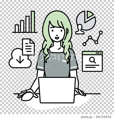 坐在辦公桌前，打開電腦，做研究，分析數據，並在報告中總結。 94150458