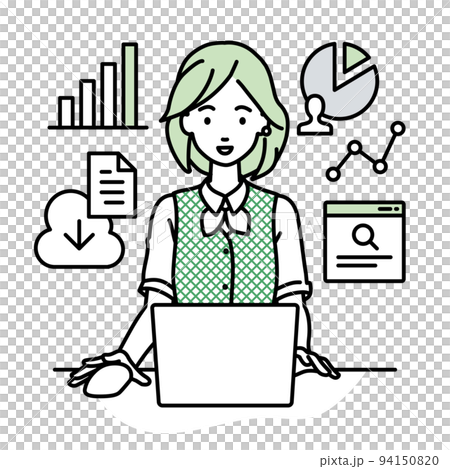 A woman in a clerk uniform doing research, data analysis, and writing a report in front of a computer at her desk 94150820