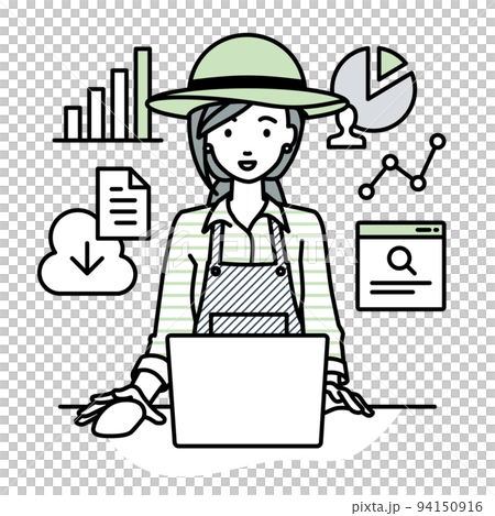 A female farmer doing research, data analysis, and writing reports in front of a computer at her desk A female farmer doing research, data analysis, and writing reports in front of a computer at her desk 94150916