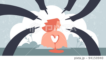 Bullying concept banner. Scared teen girl and hands pointing at her, cyberbullying, teenage trauma, social rejection. Vector flat cartoon illustration, psychological support. 94150940