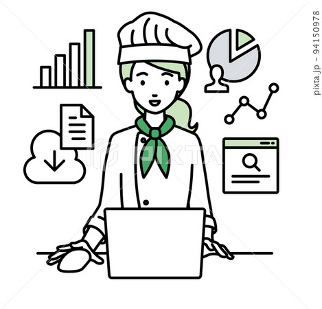デスクでPCを前にリサーチ・データ分析・レポート作成をしている調理師の女性 94150978