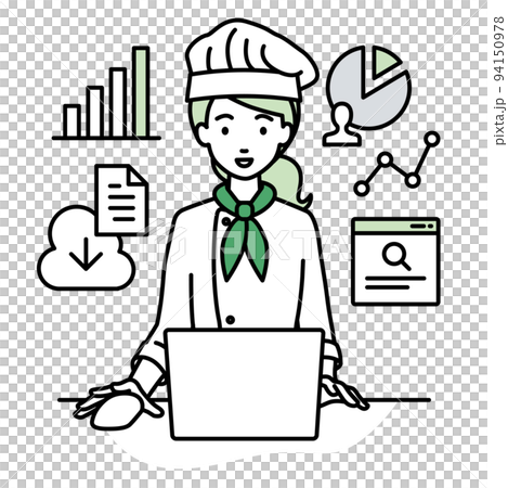 一位女廚師在辦公桌前的電腦前做研究、數據分析和寫報告 94150978