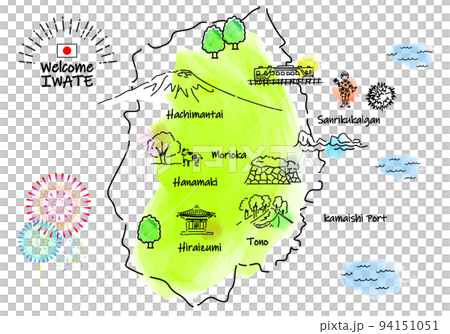 Hand-drawn Iwate sightseeing spot simple line drawing illustration map 94151051