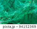 Abstract background of mixed shades of green nail polish with a pastel marble pattern. Liquid colorful background paint creative pastel cold green hue with shimmer. Oil painting on canvas. 94152369