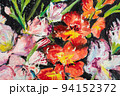 Adorable painting flowers, new creative artwork. Hand drawn oil painting. Abstract art background. Oil painting on canvas. Color texture. Fragment of artwork. Spots of paint. 94152372