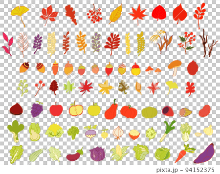手描き秋の紅葉と食べ物のアイコンイラストセット 94152375