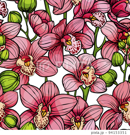 Pink orchids on white background, seamless vector pattern. hand drawn illustration. Exotic tropical flowers Pink orchids on white background, seamless vector pattern. hand drawn illustration. Exotic tropical flowers 94153351