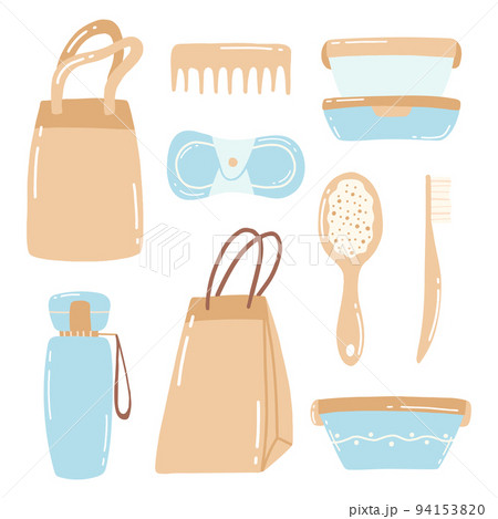 Collection of durable and reusable items or Zero Waste products - glass jars, eco-friendly grocery bags, wooden comb, toothbrush, container, thermo mug. Flat vector illustration. Collection of durable and reusable items or Zero Waste products - glass jars, eco-friendly grocery bags, wooden comb, toothbrush, container, thermo mug. Flat vector illustration. 94153820