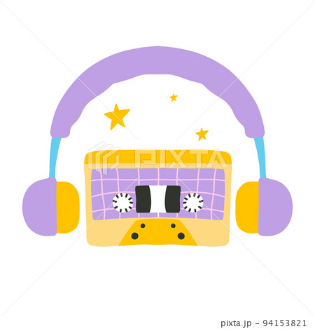 Print in retro style. Cassette with headphones in the style of the 60s 70s. Vector illustration.Retro music. 94153821