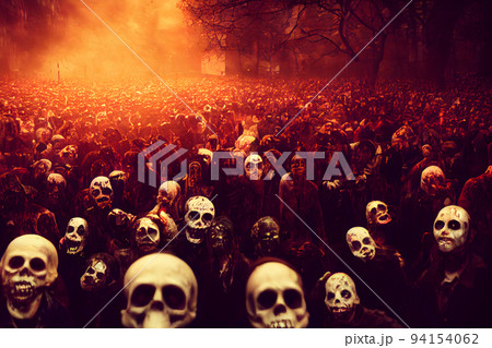 large crowd of zombies and skeletons on the street, neural network generated art 94154062