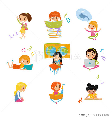 Cute School Girl Studying and Learning Having Subject Lesson Big Vector Set 94154180