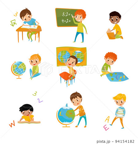 Cute School Boy Studying and Learning Having Subject Lesson Big Vector Set 94154182