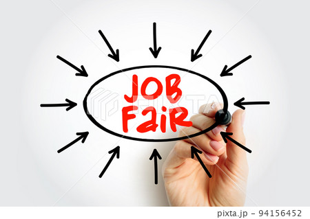 Job Fair - event in which employers, recruiters, and schools give information to potential employees, text concept with arrows Job Fair - event in which employers, recruiters, and schools give information to potential employees, text concept with arrows 94156452