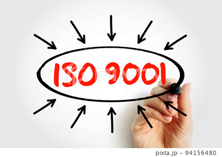 ISO 9001 - international standard that specifies requirements for a quality management system, text concept with arrows 94156480