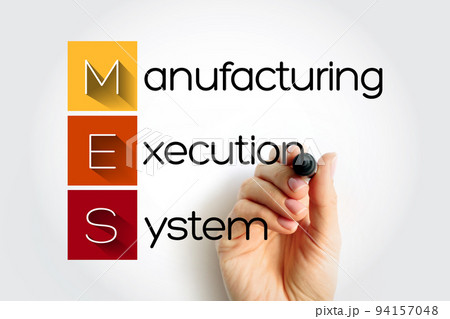 MES Manufacturing Execution System - computerized systems used in manufacturing to track and document the transformation of raw materials to finished goods, acronym text concept MES Manufacturing Execution System - computerized systems used in manufacturing to track and document the transformation of raw materials to finished goods, acronym text concept 94157048