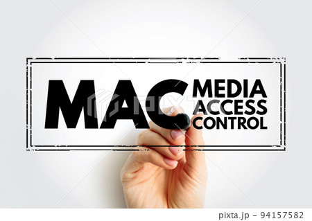 MAC Media Access Control - network data transfer policy that determines how data is transmitted between two computer terminals, acronym text stamp concept background 94157582