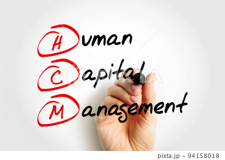 HCM - Human Capital Management is the process of hiring the right people, managing workforces effectively and optimizing productivity, acronym business concept background 94158018