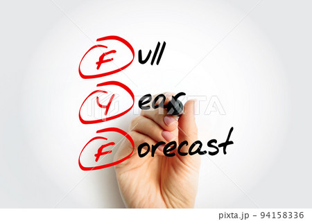 FYF Full Year Forecast - year-ahead prediction of various financial and logistic needs for a business, acronym text with marker 94158336
