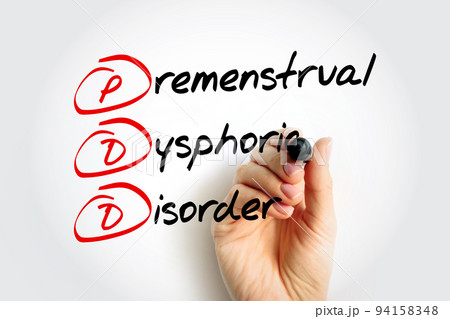 PDD Premenstrual Dysphoric Disorder - mood disorder characterized by emotional, cognitive, and physical symptoms during the luteal phase of the menstrual cycle, acronym text with marker 94158348
