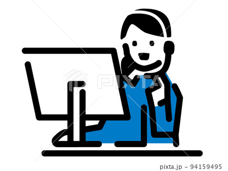PCを操作しながらヘッドセットで喋るスーツを着た女性のシンプルなイラスト 94159495