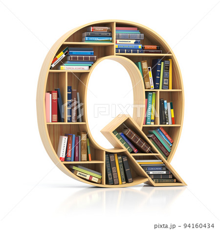 Letter Q in form of bookshelf with book and texbooks. Educational and learning conceptual font and alphabet. Letter Q in form of bookshelf with book and texbooks. Educational and learning conceptual font and alphabet. 94160434