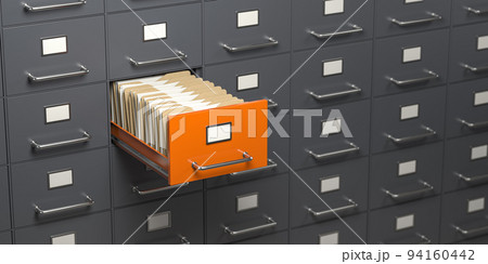 File cabinet full of foders. Storage, organization and administration concept. 94160442