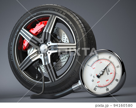 Tyre pressure gauge and car wheel. Inflation, inspection and measurement of wheel tyre. 94160580