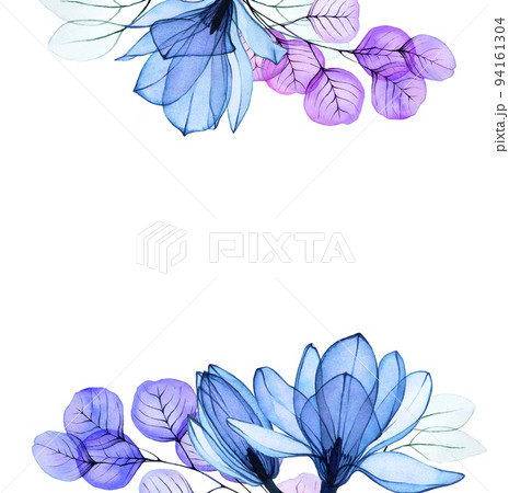 watercolor border, frame with transparent blue magnolia flowers. transparent magnolia flowers and eucalyptus leaves in blue, pink and purple. vintage print for wedding, cards, invitations watercolor border, frame with transparent blue magnolia flowers. transparent magnolia flowers and eucalyptus leaves in blue, pink and purple. vintage print for wedding, cards, invitations 94161304