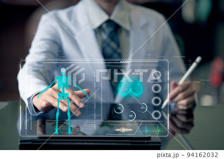 Woman doctor point ing and touching HUD screen with futuristic Woman doctor point ing and touching HUD screen with futuristic 94162032