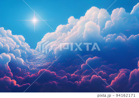 イラスト 雲 青空 太陽 空 爽やか 赤 青のイラスト素材