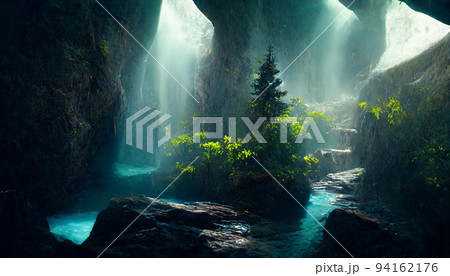 絵画 イラスト 森 泉 滝 自然 緑 ファンタジー 94162176