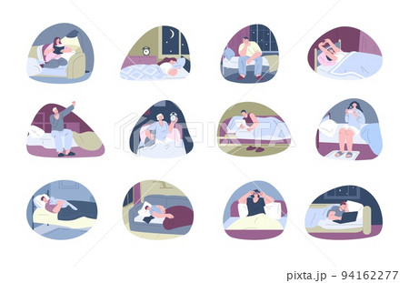 People sleep and reading in bed. Tired office characters, man work at night from home. Early wake up, insomnia problems, serenity dream with cat kicky vector scenes 94162277