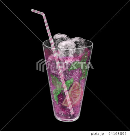 冷たい飲み物のイラスト、ピンクのフルーツドリンク、フルーツミントソーダカクテル、カクテルソーダカシス 94163095