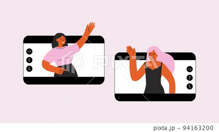 Video call, online conference and friends meeting digital vector concept. Happy smile girls greets each other from message windows, young teens conversation 94163200