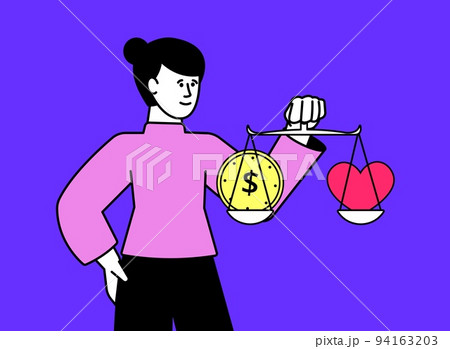 Problem of choice between money and feeling. Woman hold pink heart and golden coin on scales. Business or family vector concept, choose your lifestyle 94163203