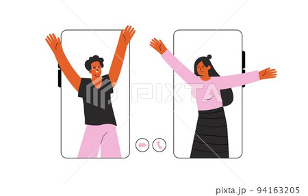 Happy teens online meeting. Girl and boy greet from smartphone screen. Phone video call vector concept, flat characters digital communication 94163205