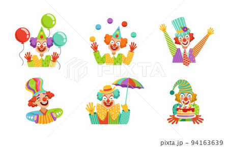 Funny Clown with Makeup-face and Flamboyant Costume Performing Comedy Vector Set Funny Clown with Makeup-face and Flamboyant Costume Performing Comedy Vector Set 94163639