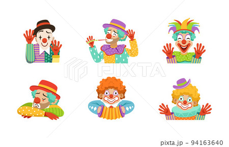 Funny Clown with Makeup-face and Flamboyant Costume Performing Comedy Vector Set 94163640