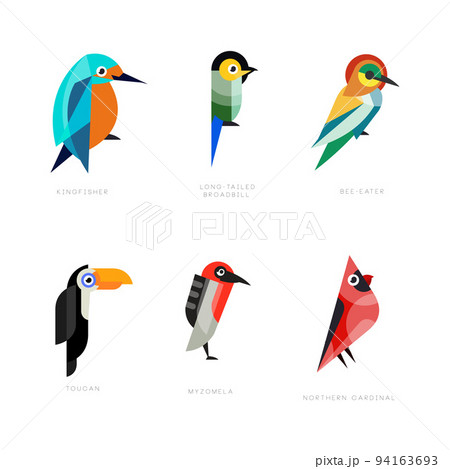 Colorful Stylized Birds Collection with Kingfisher, Long-tailed Broadbill, Bee-eater, Toucan, Myzomela and Northern Cardinal Vector Set 94163693