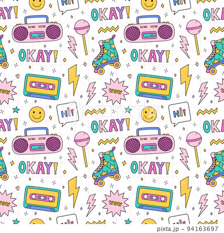 Bright seamless pattern with items from the nineties Bright seamless pattern with items from the nineties 94163697