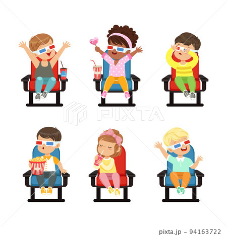 Cute Little Kids in 3D Glasses Watching Movie in Cinema Sitting on Chair with Popcorn Vector Set Cute Little Kids in 3D Glasses Watching Movie in Cinema Sitting on Chair with Popcorn Vector Set 94163722