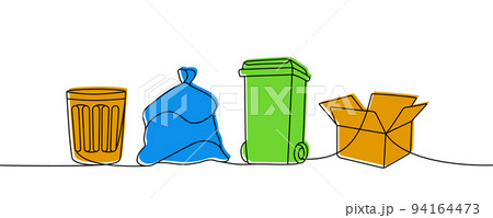 Set of garbage one line colored continuous drawing. Trash can, garbage bag, recycle bin, carton box continuous one line colorful set illustration. 94164473