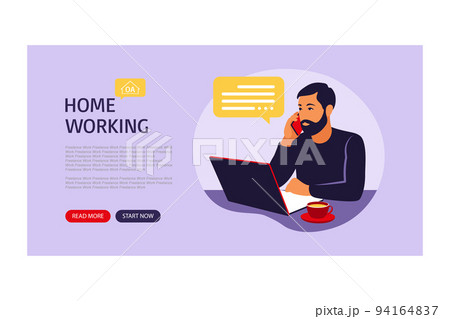 Home office concept, african man working from home. Landing page for web. Freelance or studying concept. Vector illustration. Flat style. 94164837