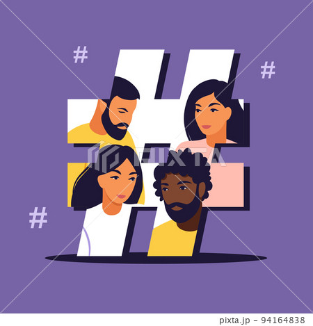 Hashtag and social media concept. Young people with hashtag symbol. Vector illustration. Isolated flat. 94164838
